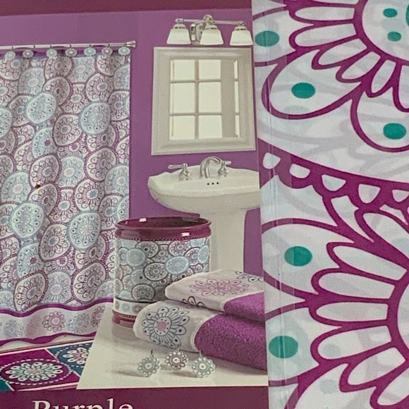 Dream Wheels Fabric Material Shower Curtain 70in X 72 in Purple Teal White - Picture 4 of 16